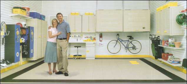 Unbelievably clean garage. Ad for GarageTek organizer system.